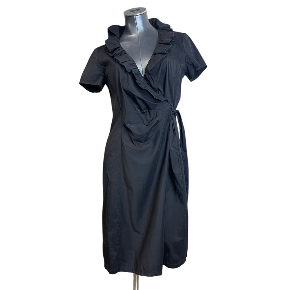 Lafayette 148 New York Ruffle Collar Elegant Black Faux Wrap Dress Midi Career